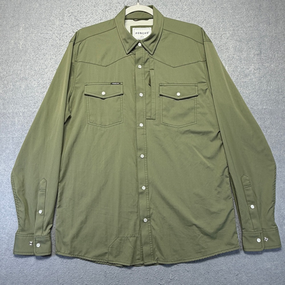 Poncho Outdoors Men L Slim Fit Western Performance Shirt Olive Green Vented Back